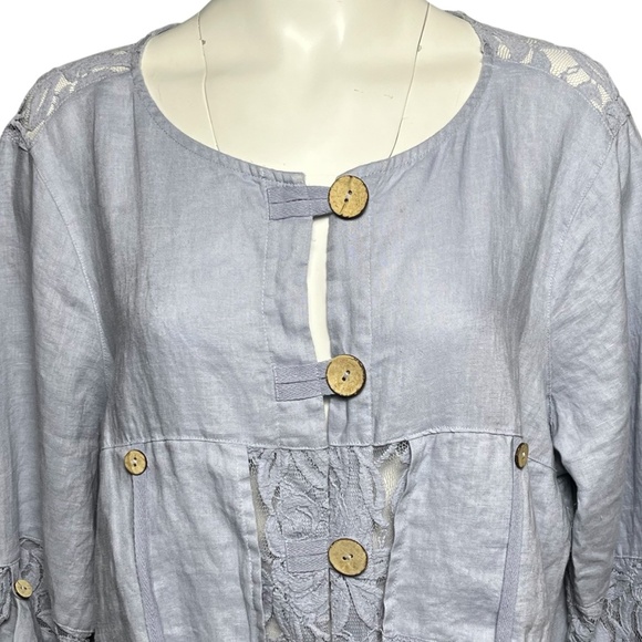 Ali Miles Plus Size 1X Artsy Lagenlook Tunic Top 100% Linen Periwinkle Blue Lace - Picture 2 of 8